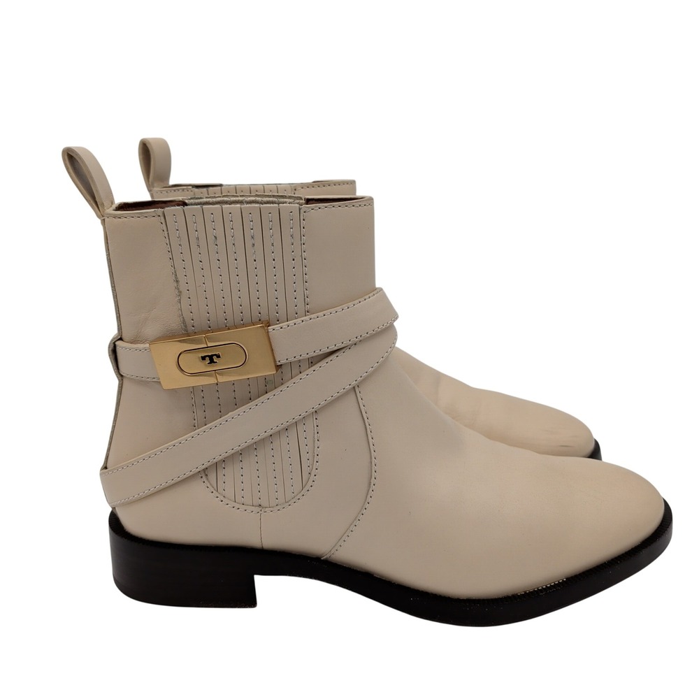 Tory Burch T Hardware Chelsea Boot Cream Leather Buckle Ankle Booties Women's 7M